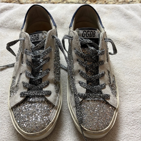 Golden Goose Hi Star Sneakers with Glitter and Blue Accents